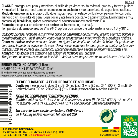 Liquid wax bottle for clay, polished marble and polished agglomerates 1L Fila CLASSIC