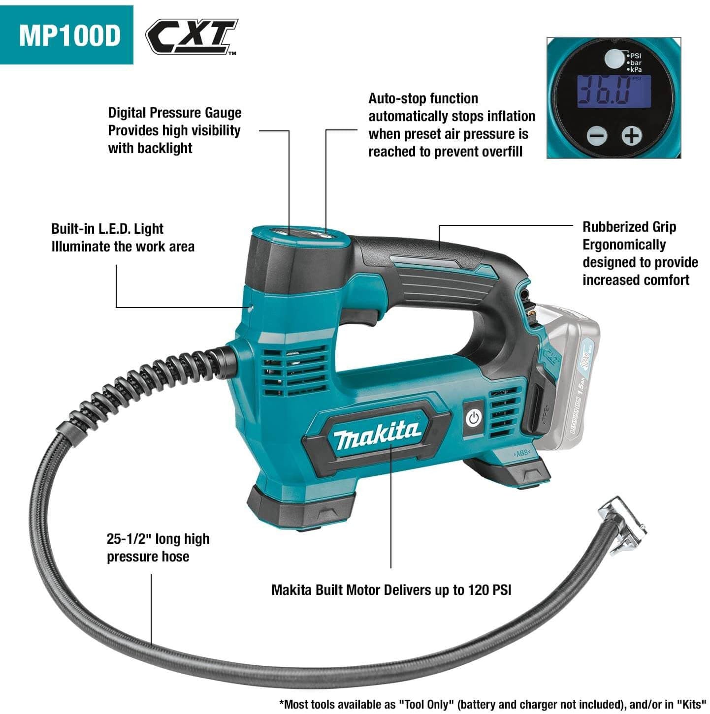 Inflador a batería 12Vmax CXT 8,3bar Makita MP100DZ MAKITA - 2