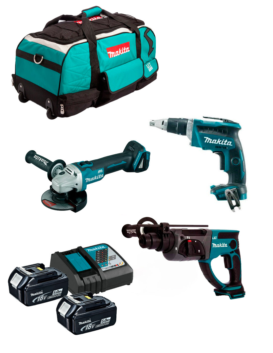 Combo 18V Hammer DHR202 + Screwdriver DFS452 + Mini grinder DGA504 + 2 bat + Charger + Bag Makita DLX3190TX1