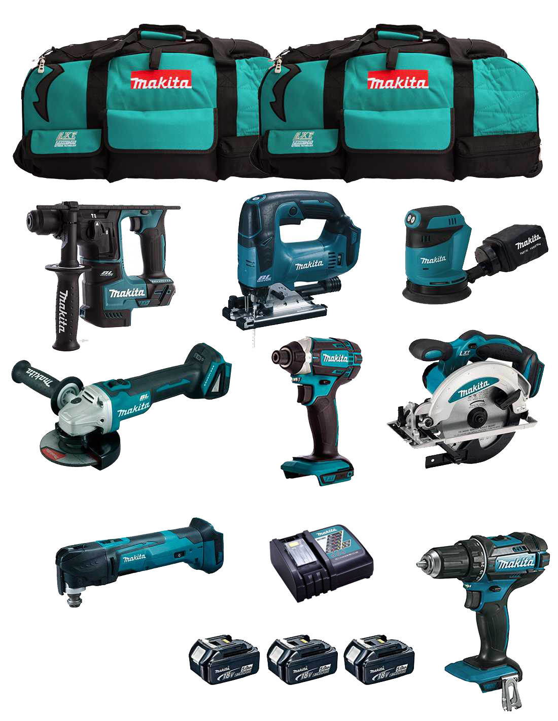 Kit Makita con 8 herramientas + 3 bat 5.0Ah + cargador + 2 bolsas DLX8171BL3