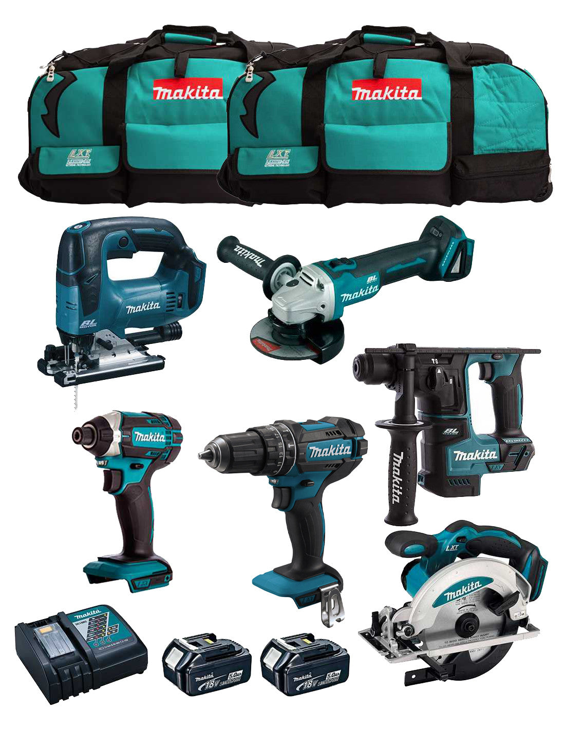 Kit Makita 6 herramientas + 2 bat 5Ah + cargador + bolsa LXT600 DLX6482BL2