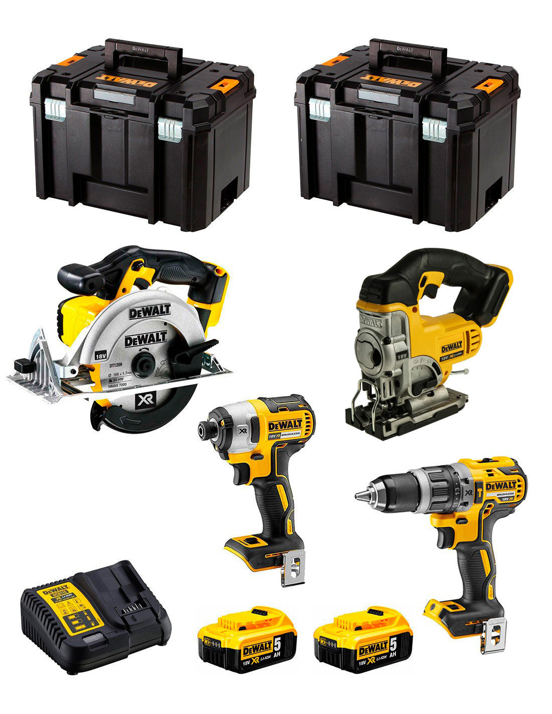 Kit Dewalt 4 herramientas + 2bat 5Ah + Cargador + 2xTSTAK VI DCK491P2