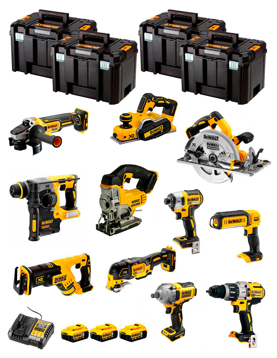 Dewalt Kit 11 tools + 3bat 5Ah + DCB1104 Charger + 4xTSTAK DCK116P3