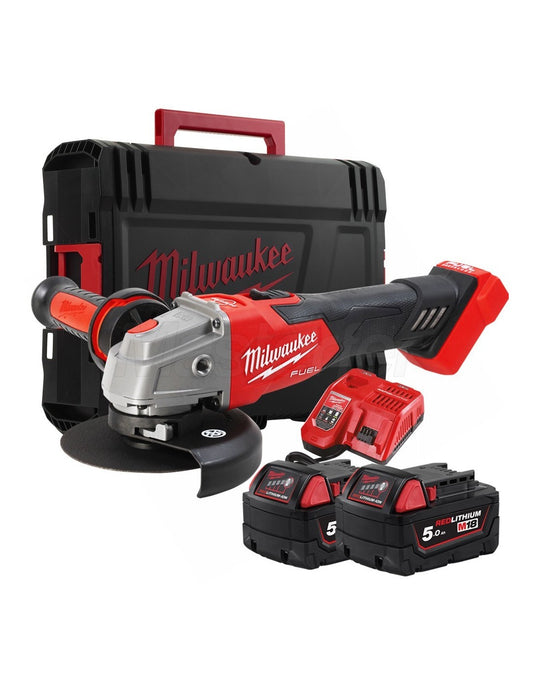 M18 125 mm angle grinder with brake and paddle switch + 2 × 5 Ah batteries + charger + Milwaukee case, M18 FSAG125XB-502X