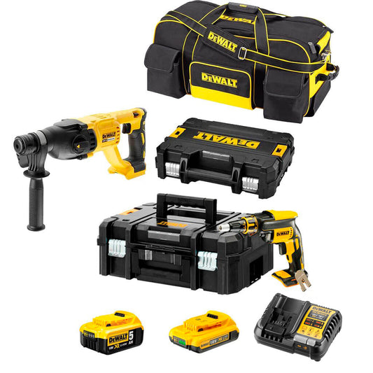 Plasterboard Combo: DCF620 Pladur Screwdriver + Dewalt DCH133 Light Hammer + 2 18V Batteries + Carrying Bag