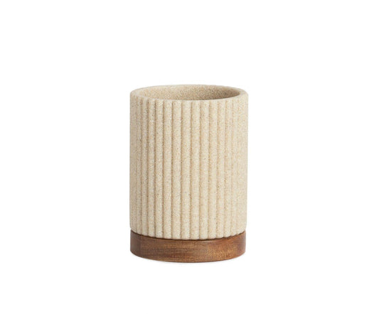 Beige toothbrush holder made of polyresin and acacia wood, Ø8×11 cm, Andrea House