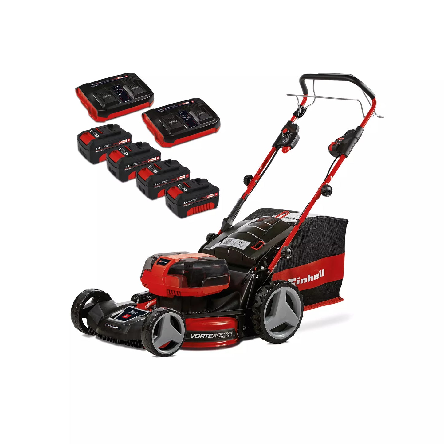 Battery-powered lawnmower with 4 batteries 4.0Ah + 2 double chargers GP-CM 36/47 S HW Li Einhell
