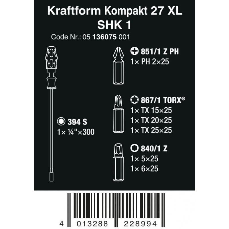 Destornillador porta-puntas con hoja rígida 7pcs Kraftform Kompakt 27 XL SHK 1 Wera