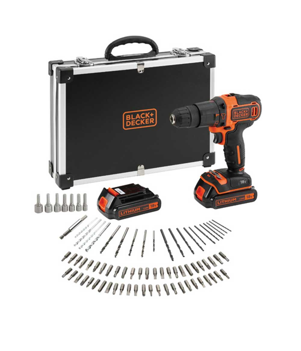 Taladro Percutor Black+Decker 18V + 80 Accesorios 2 Bat 1,5Ah + Caja BDCHD18BAFC-QW